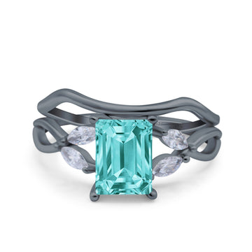 Two Piece Art Deco Emerald Cut Wedding Ring Black Tone, Simulated Paraiba Tourmaline CZ 925 Sterling Silver